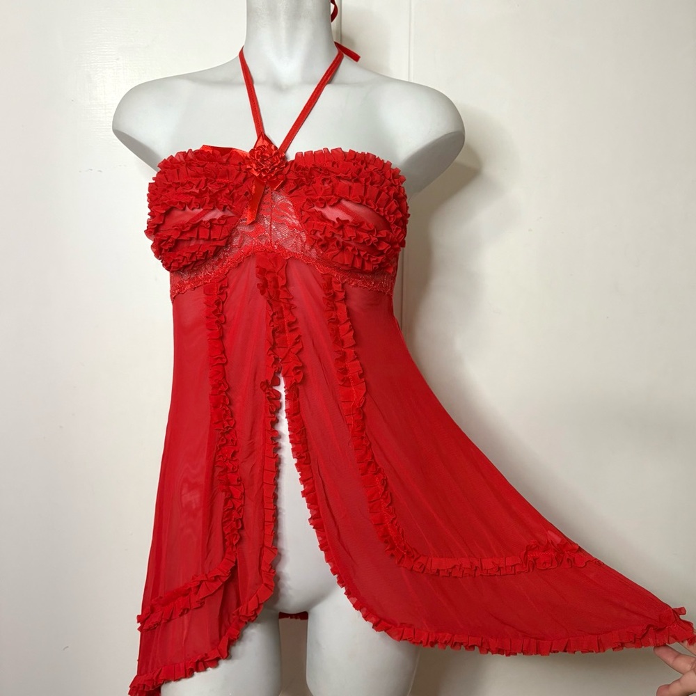 Red Split Front Babydoll Ruffled Mesh Halter Lingerie - Picture 3 of 7